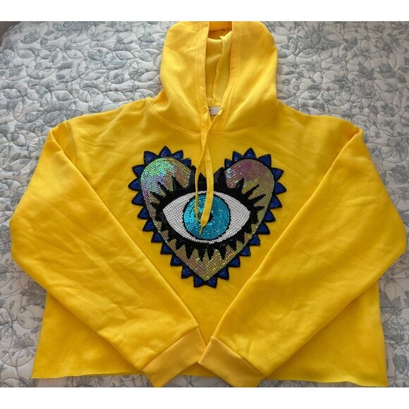 Yellow Roma Concept By Rosee, Hoodie With Sequin Eye Pattern, 2X - Picture 1 of 9